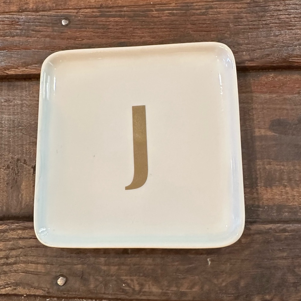 Simple Charm white & gold monogram J desert plate / trinket tray 5x5
